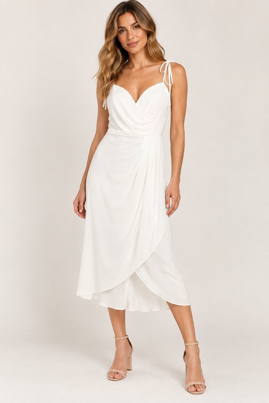NWT Maniju Ivory Satin Midi Dress Large Tie Strap V Neck Asymmetrical Wedding